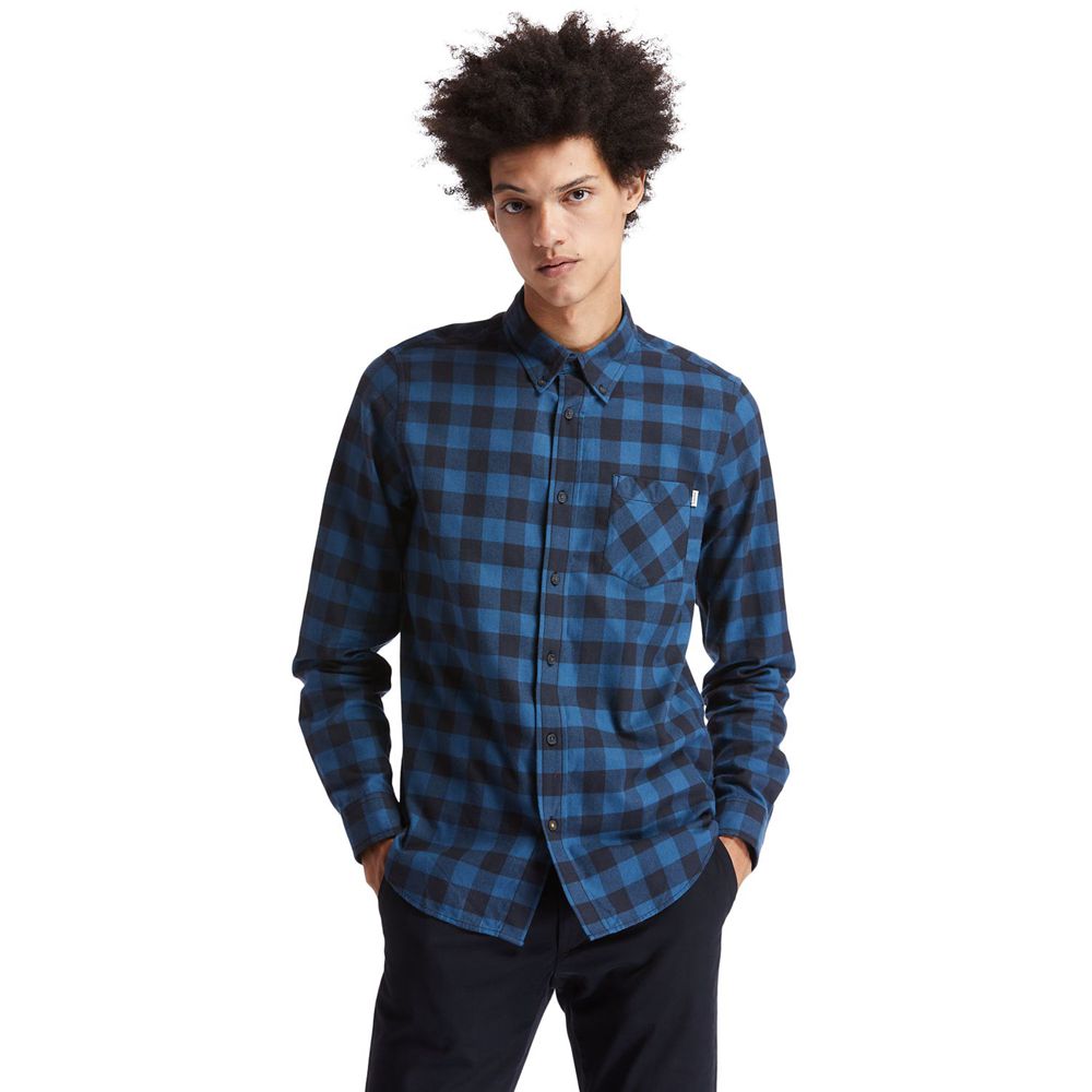 Camisa Timberland Argentina Hombre - Nashua River Long-Sleeve Flannel Check - Azul Marino - GQWTLF-8